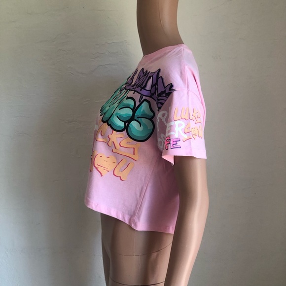 Zara Junior Girls Size 11-12 Pink Graffiti Cropped Printed T-Shirt Short Sleeves - Picture 7 of 16